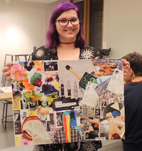 Hannah Capra with her collage. Photo: Art Reach at PAAM