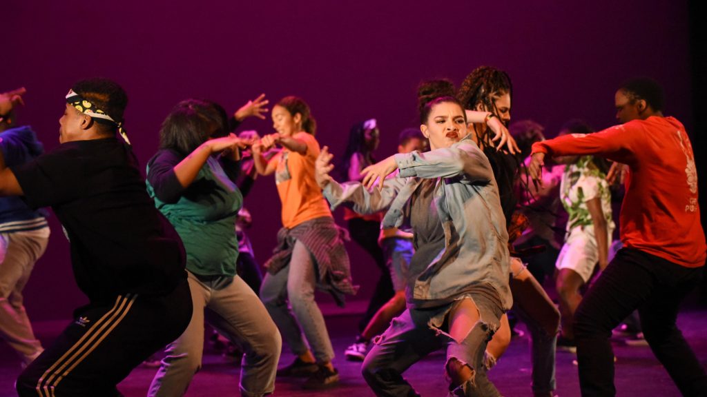 Students performing their original play, "Illuminate," at Destiny Arts Center in Oakland, Calif. 